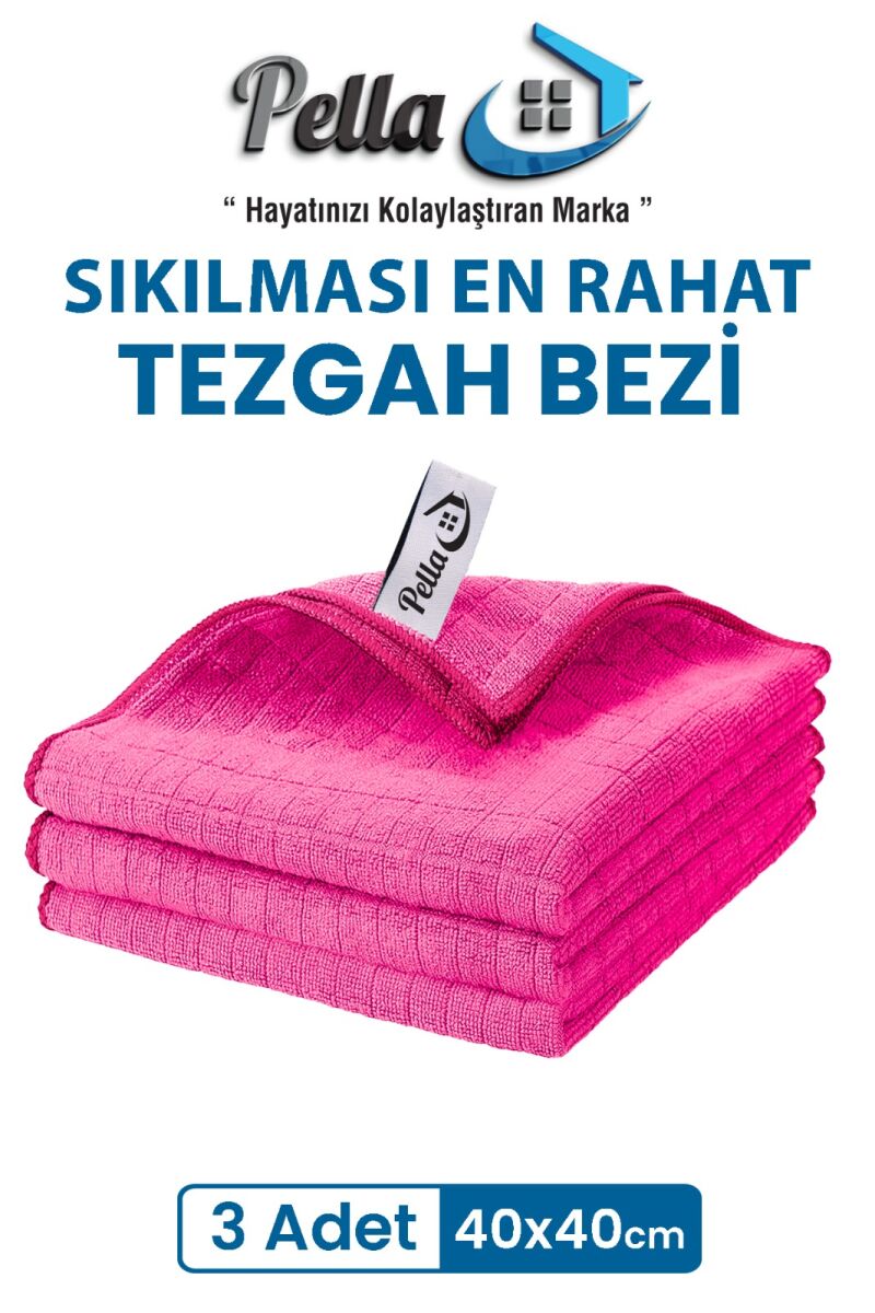 3'lü Mikrofiber Araba, Cam, Mutfak Temizlik Bezi, Pembe (40 CM X 40 CM) - 1