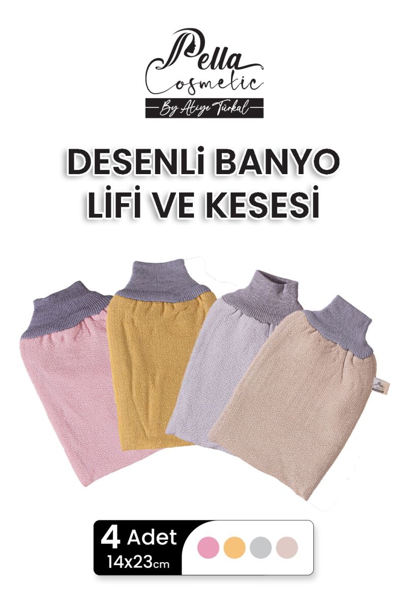 4 Adet Renkli Düz Banyo Lifi ve Kesesi - 1