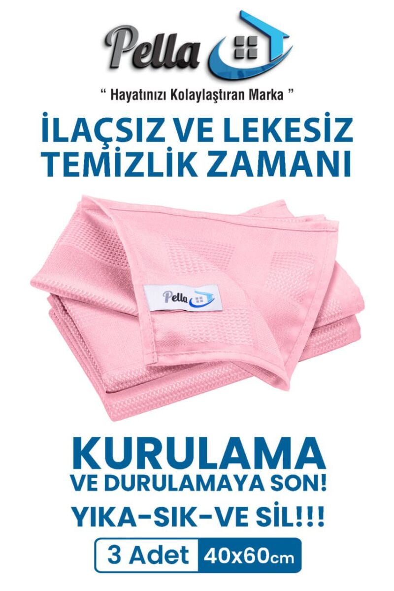 Classic 3'lü Açık Pembe Mikrofiber Temizlik Bezi, Cam, Araba, Mutfak Bezi, 40 X 60 Cm - 1